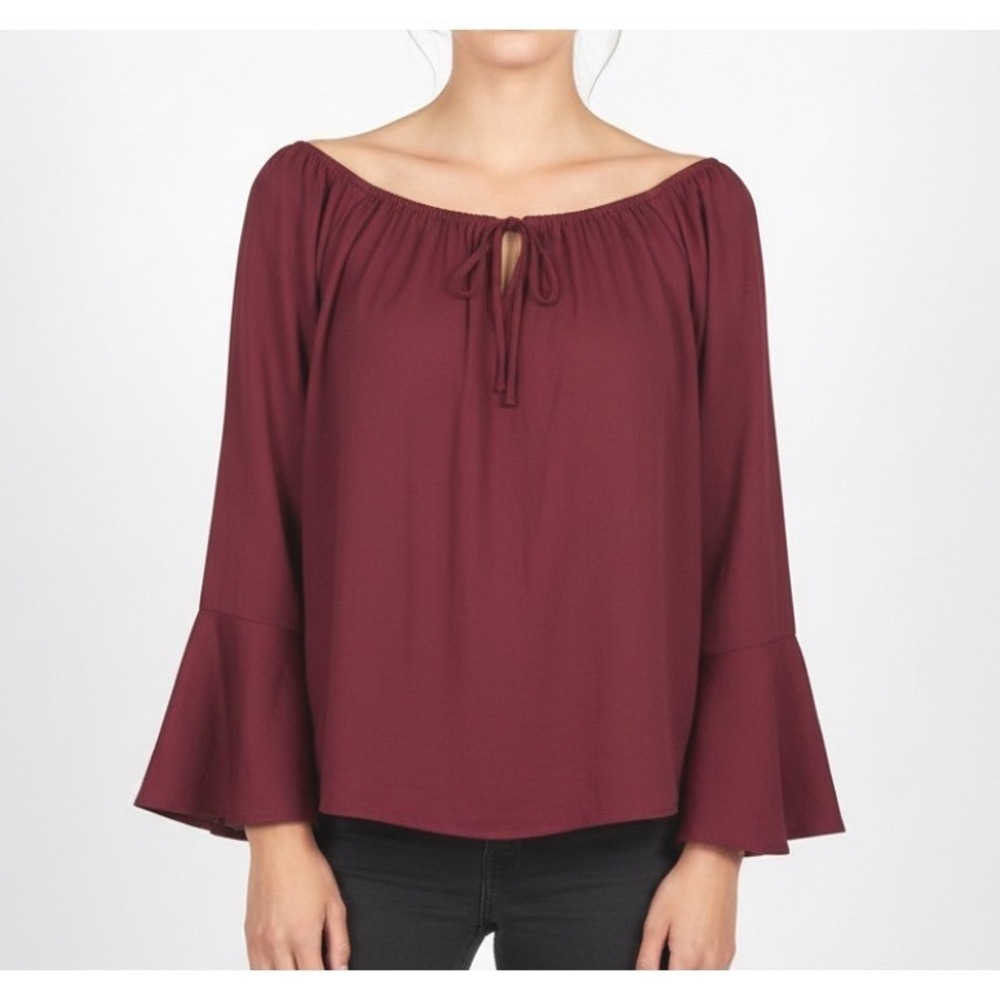 HYFVE Maroon SATIN Tie Off-The Shoulder BELL SLEEVE High-Low BLOUSE/TOP Sz L
